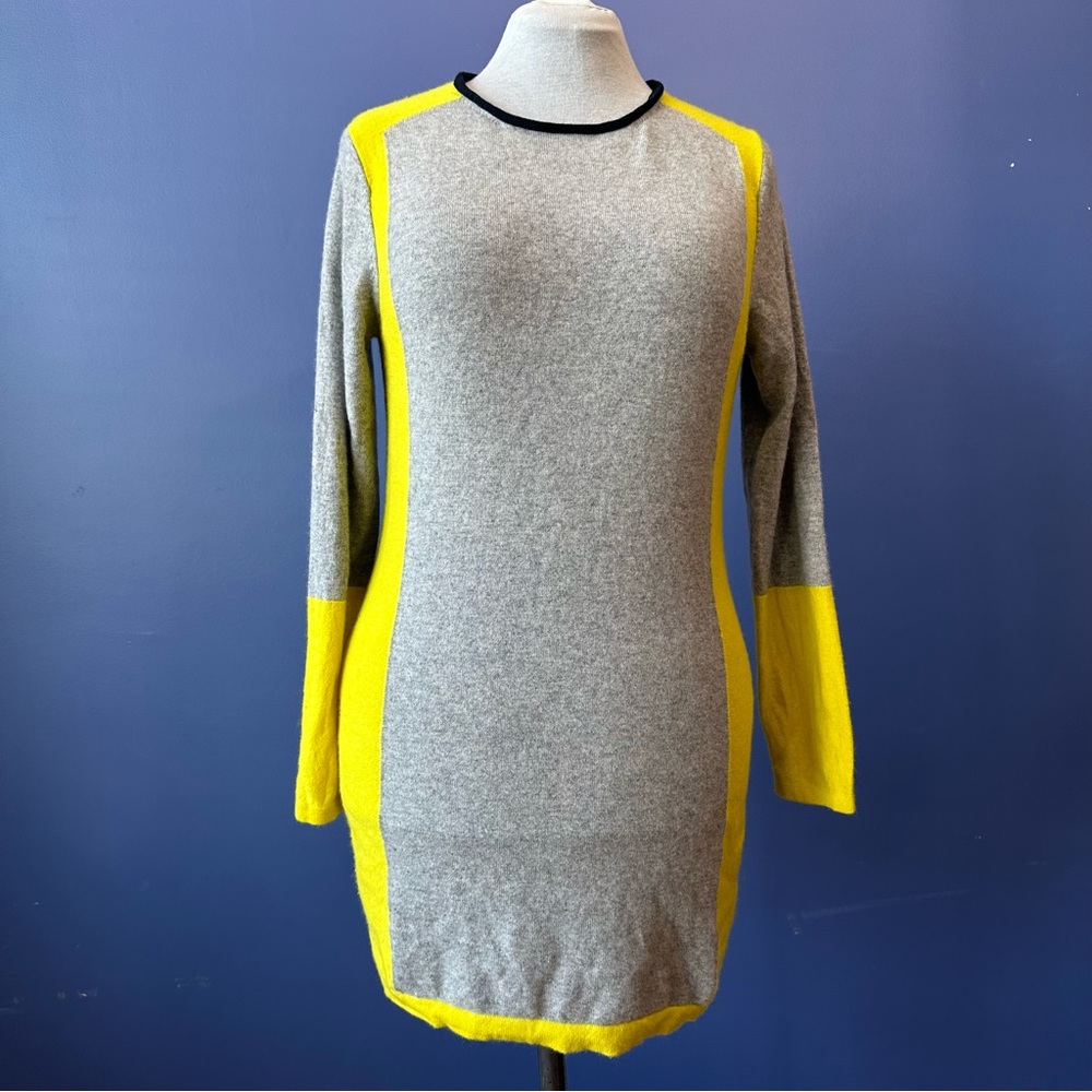 Soft 100% Cashmere Gray Yellow Sweater Dress Warm Magaschoni Knit Woven